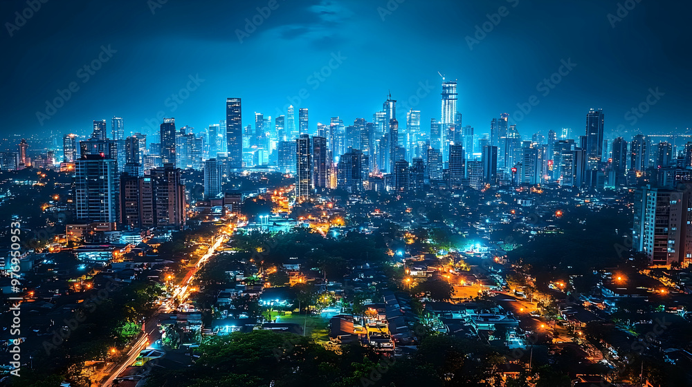 Obraz premium A panoramic view of a city skyline at night, with skyscrapers lit up against a dark blue sky.
