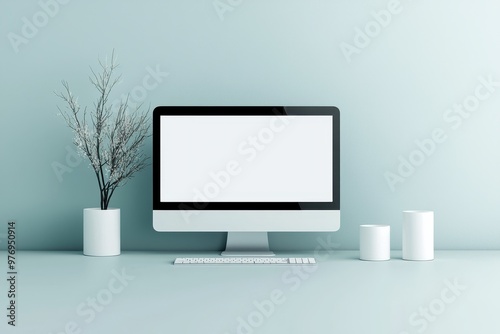 A minimalist workspace featuring a computer, keyboard, and decorative plants against a soft blue background. photo