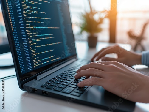 A person typing code on a laptop, with a background featuring soft sunlight and a potted plant. photo