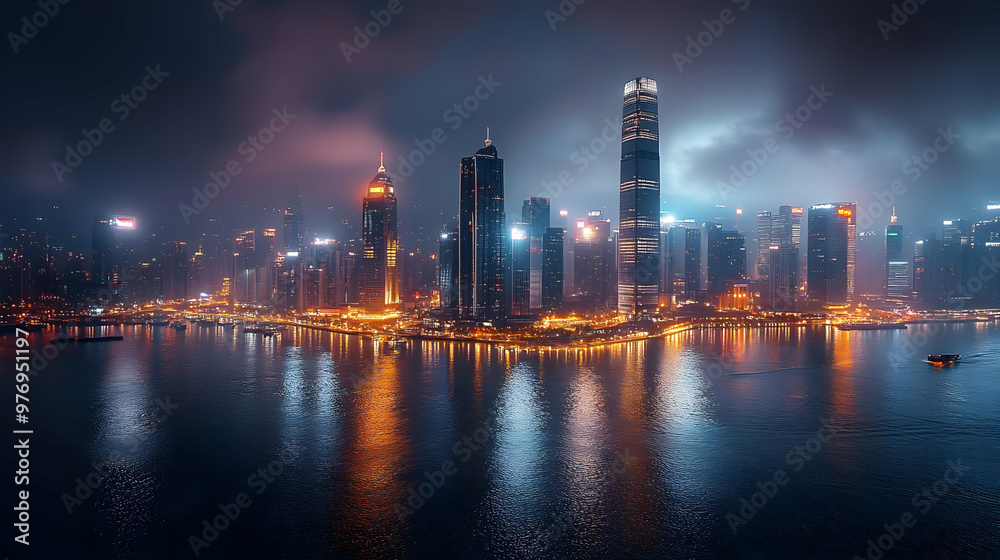 A panoramic view of a city skyline at night, with tall skyscrapers illuminated by bright lights and reflected in the water. A panoramic view of a city skyline at night, with tall skyscrapers illuminated by bright lights and reflected in the water.