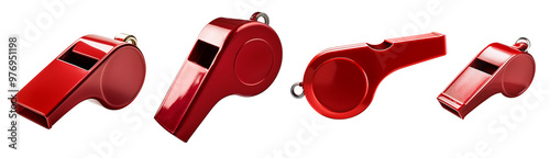 Set of red sports whistles perfect for coaching, events, or safety. Ideal for athletic activities and training environments.