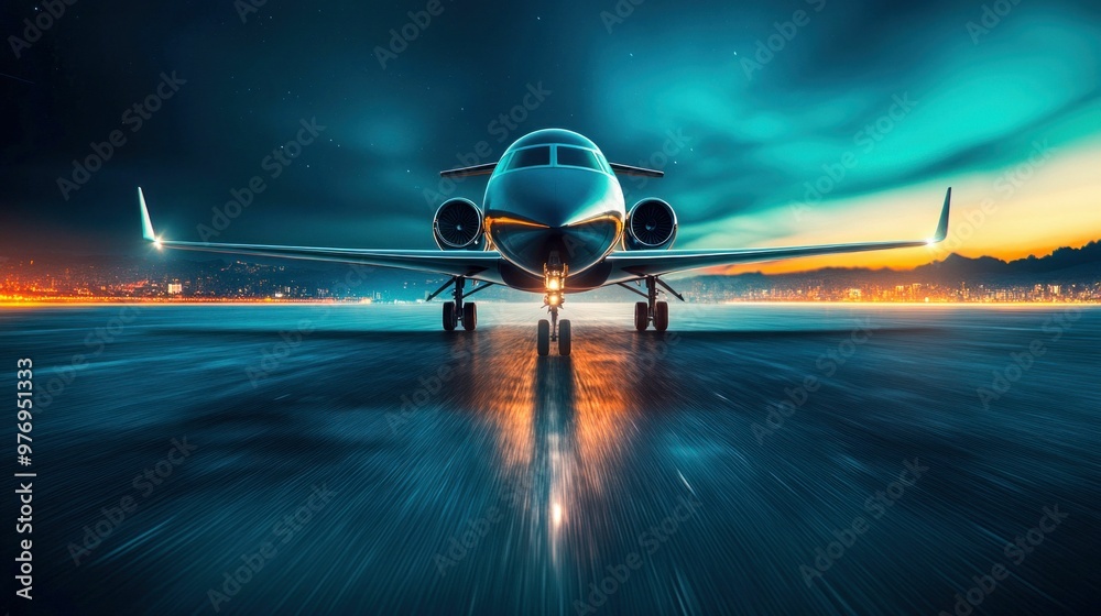Private jet on runway at night with city skyline in background Private jet on runway at night with city skyline in background