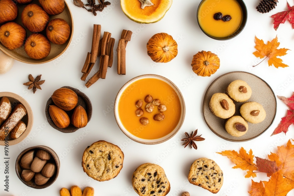 Cozy Autumn Foods Assortment - Top-Down View of Seasonal Treats, Desserts, and Spices Perfect for Fall Festivities Cozy Autumn Foods Assortment - Top-Down View of Seasonal Treats, Desserts, and Spices Perfect for Fall Festivities