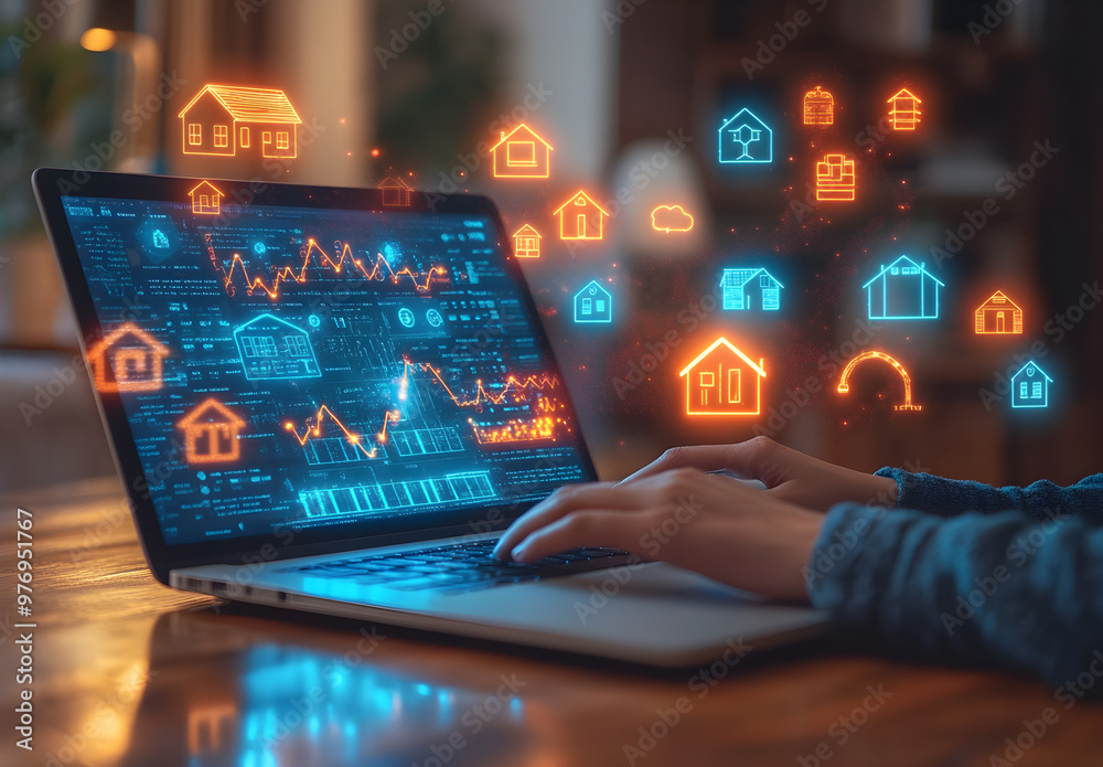 Fototapeta premium Laptop with glowing house icons