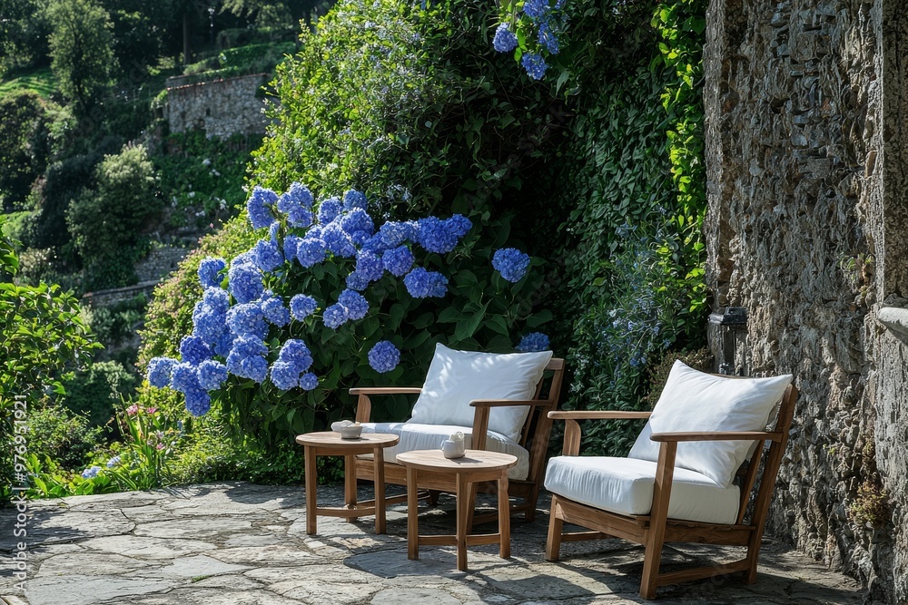 A modern, comfortable garden sofa in a backyard A modern, comfortable garden sofa in a backyard