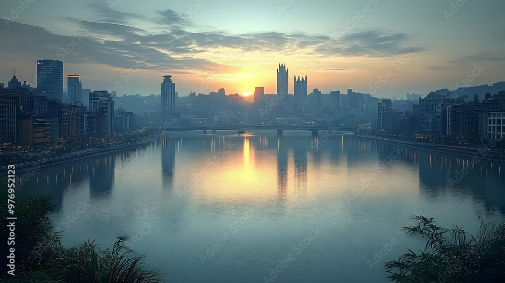 Fototapeta premium A panoramic view of a city skyline at sunrise, with a river reflecting the golden light.