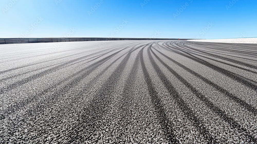 Race Track Asphalt with Tire Tracks and Blue Sky