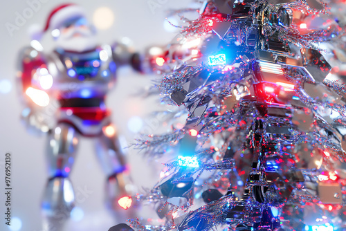 a metallic-decorated tree, a robotic Santa, and holographic patterns on a white background