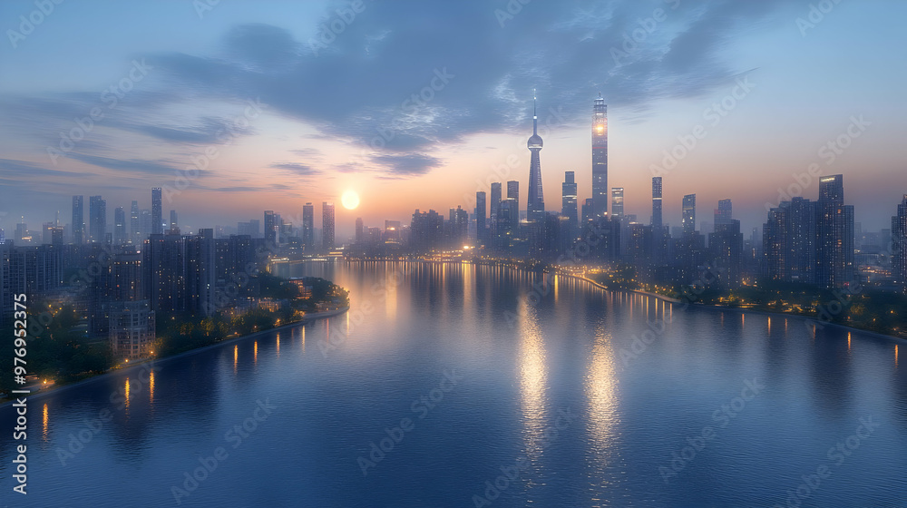 A panoramic view of a city skyline at sunrise, with the sun peeking through the clouds and reflecting on the water. A panoramic view of a city skyline at sunrise, with the sun peeking through the clouds and reflecting on the water.