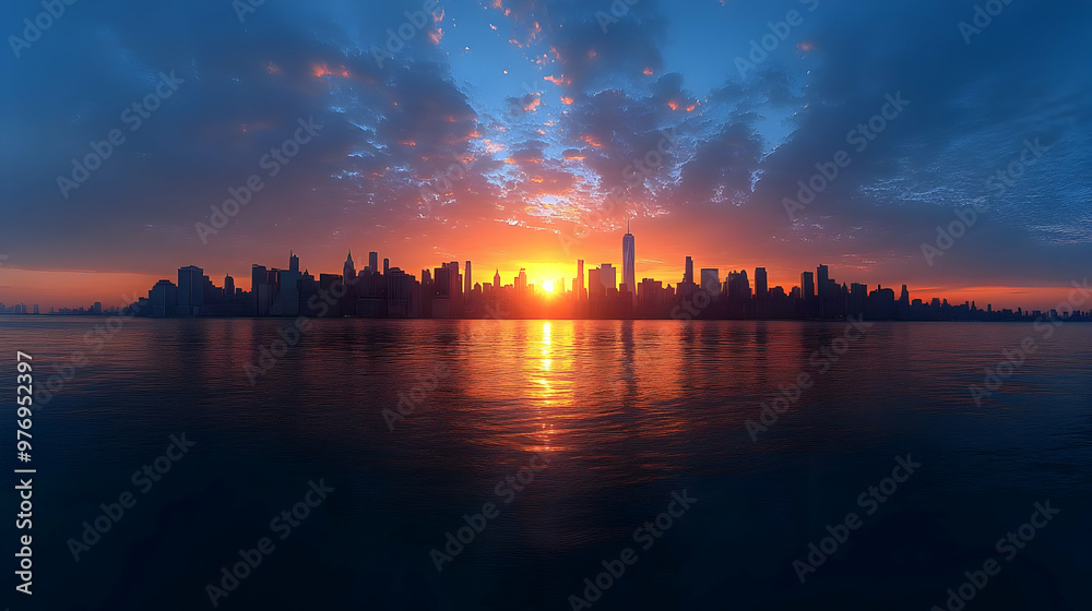 A panoramic view of a city skyline at sunrise, with the sun rising over the horizon. The city is silhouetted against the orange and blue sky, with the reflection of the sun in the water below. A panoramic view of a city skyline at sunrise, with the sun rising over the horizon. The city is silhouetted against the orange and blue sky, with the reflection of the sun in the water below.