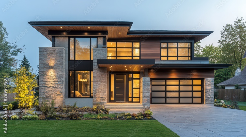 A stylish 2-storey home with a contemporary design, featuring a combination of concrete and wood materials, large windows, and a chic interior layout