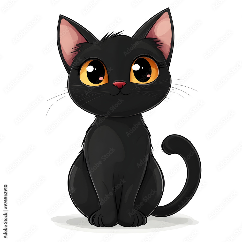 Fototapeta premium Cute Black Cat in Cartoon Style with Halloween Theme on White Background