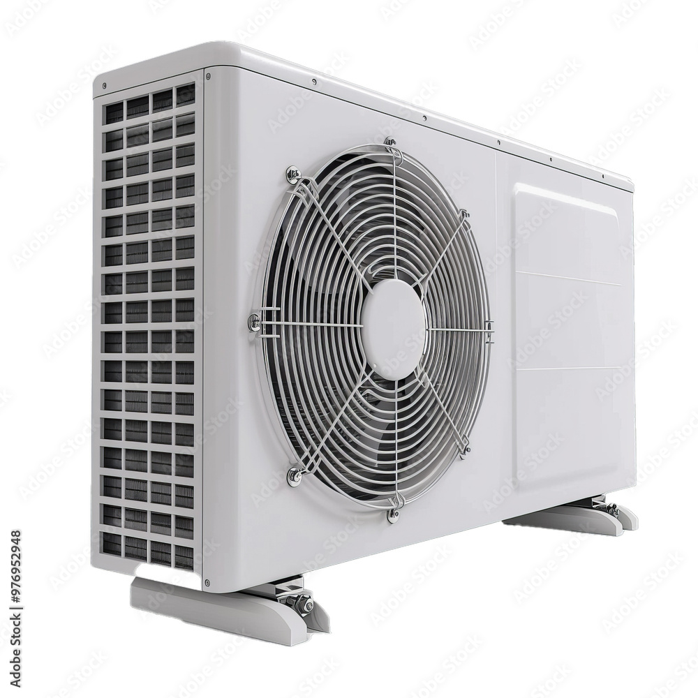 Outdoor unit of air conditioner with heat pump system is standing on the white background Outdoor unit of air conditioner with heat pump system is standing on the white background