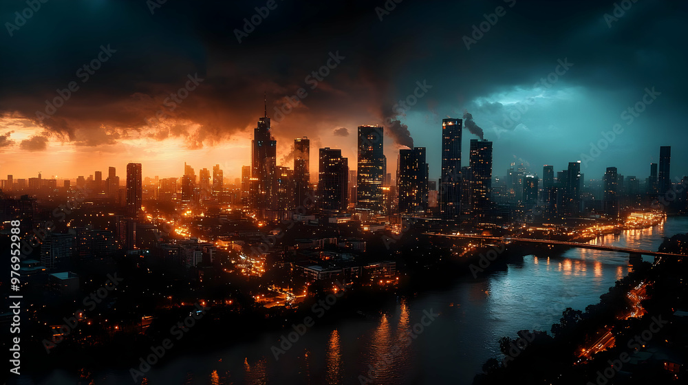A panoramic view of a city skyline at sunset with dramatic clouds A panoramic view of a city skyline at sunset with dramatic clouds