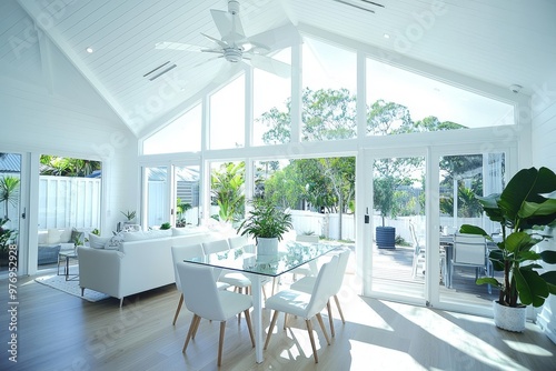 With a glass door entrance, dinner is served on the wooden floor