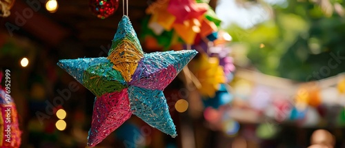 Close-up of a traditional star-shaped piñata, colourful and hanging ready to be broken during a Posada celebration.