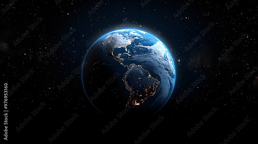 Fototapeta premium Galactic Adventure: A Glowing Blue Earth in the Cosmic Night Sky