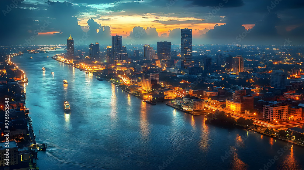 Fototapeta premium A panoramic view of a city skyline at sunset, with a river flowing through it.