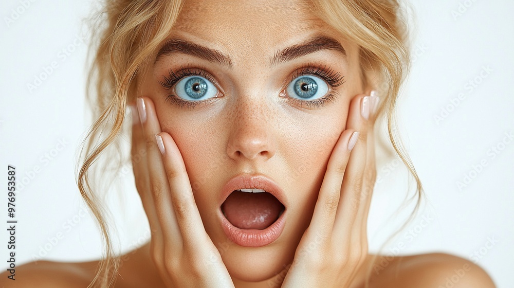 Shocked Beauty: A portrait of a stunned young woman with wide blue eyes and her mouth agape, capturing a moment of pure surprise. Shocked Beauty: A portrait of a stunned young woman with wide blue eyes and her mouth agape, capturing a moment of pure surprise.