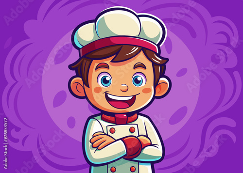 cartoon vector illustration of happy chef little boy smiling with folded arms, kid, purple isolated background