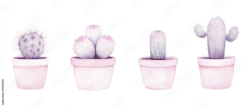 The cactus in the pot illustrates with watercolor floral illustrations on a white background. The flowers are perfect for posters, greeting cards, stickers, icons, and stickers. The colors are green, The cactus in the pot illustrates with watercolor floral illustrations on a white background. The flowers are perfect for posters, greeting cards, stickers, icons, and stickers. The colors are green,