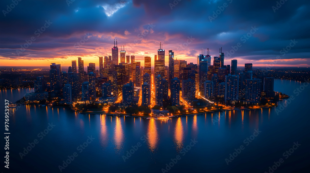 Fototapeta premium A panoramic view of a city skyline at sunset, with the buildings lit up and reflecting in the water.