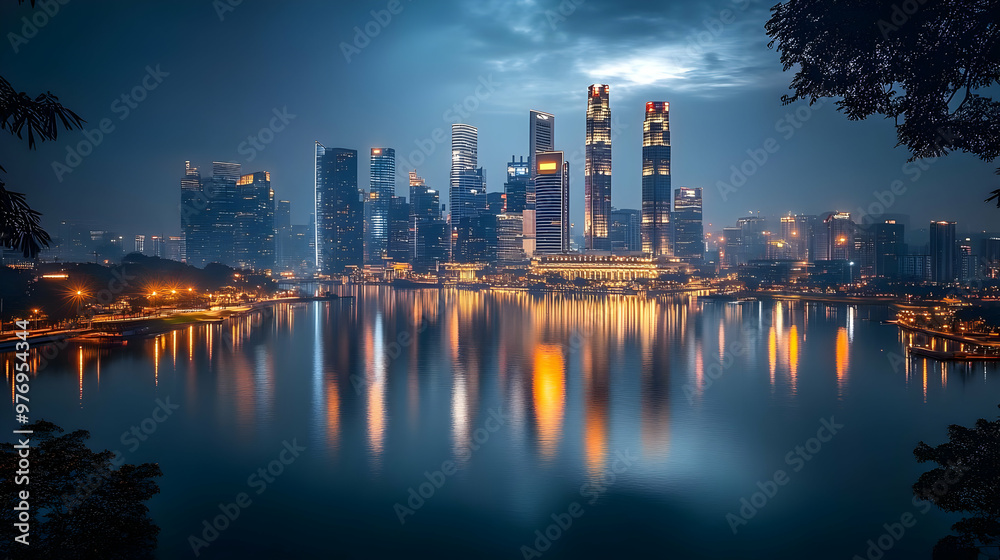 Fototapeta premium A panoramic view of a city skyline at twilight, with the cityscape reflected in the water.