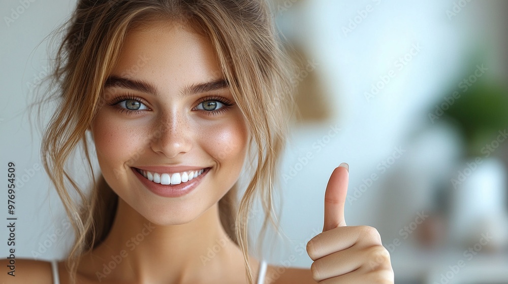 Radiant Smile, Thumbs Up: A beautiful young woman with flawless skin and bright eyes beams a genuine smile, giving a thumbs up as a sign of positivity and confidence. Her captivating gaze. Radiant Smile, Thumbs Up: A beautiful young woman with flawless skin and bright eyes beams a genuine smile, giving a thumbs up as a sign of positivity and confidence. Her captivating gaze.