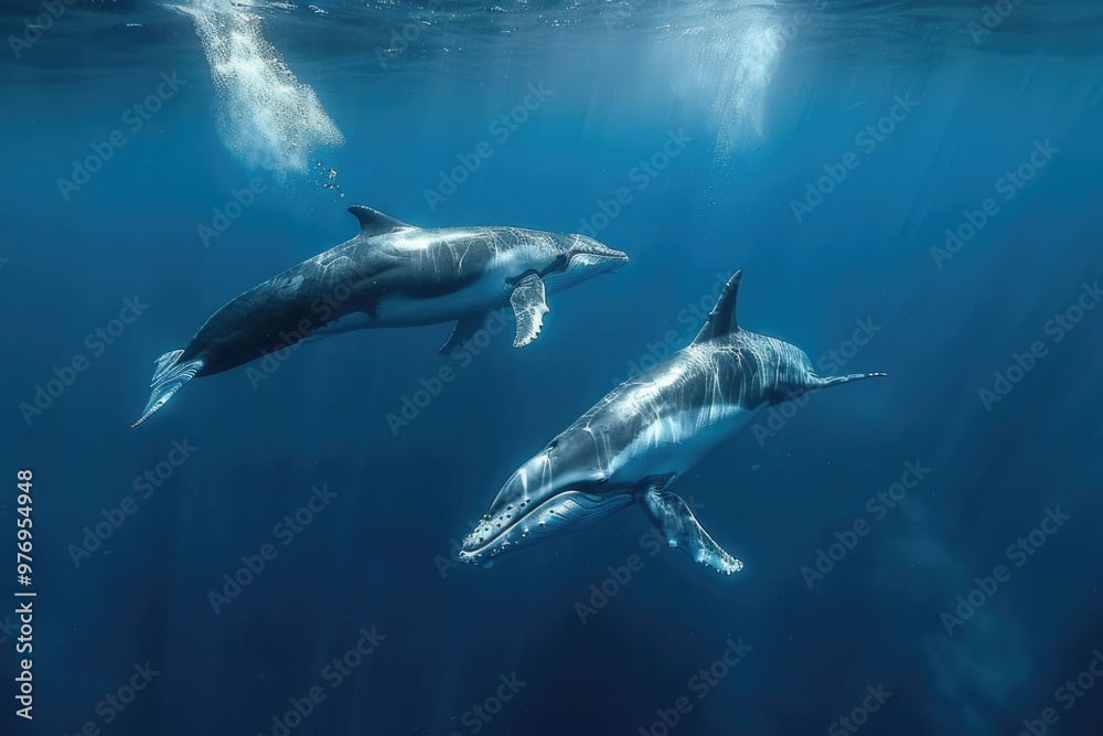 Naklejka premium Underwater View of Dolphins Swimming in the Deep Blue Ocean