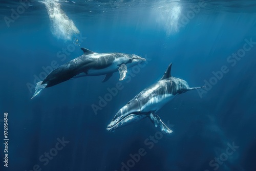 Underwater View of Dolphins Swimming in the Deep Blue Ocean