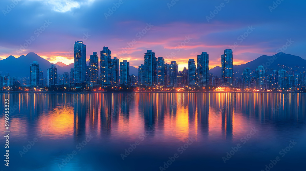 A panoramic view of a city skyline with a reflection in the water at sunset. The sky is a vibrant mix of pink, orange, and blue. A panoramic view of a city skyline with a reflection in the water at sunset. The sky is a vibrant mix of pink, orange, and blue.