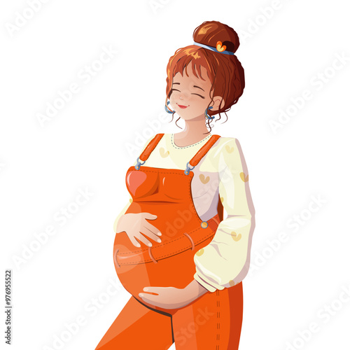 A happy, smiling pregnant woman holds her stomach in a bright orange jumpsuit. Isolated on a white background. Healthy pregnancy. A woman expecting a baby. Vector illustration.