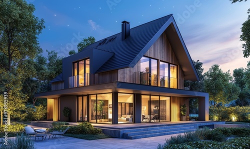 Stunning 3D rendering of modern cozy clinker house on ponds with garage and pool for sale or rent. The sky is clear with many stars twinkling in the distance. photo