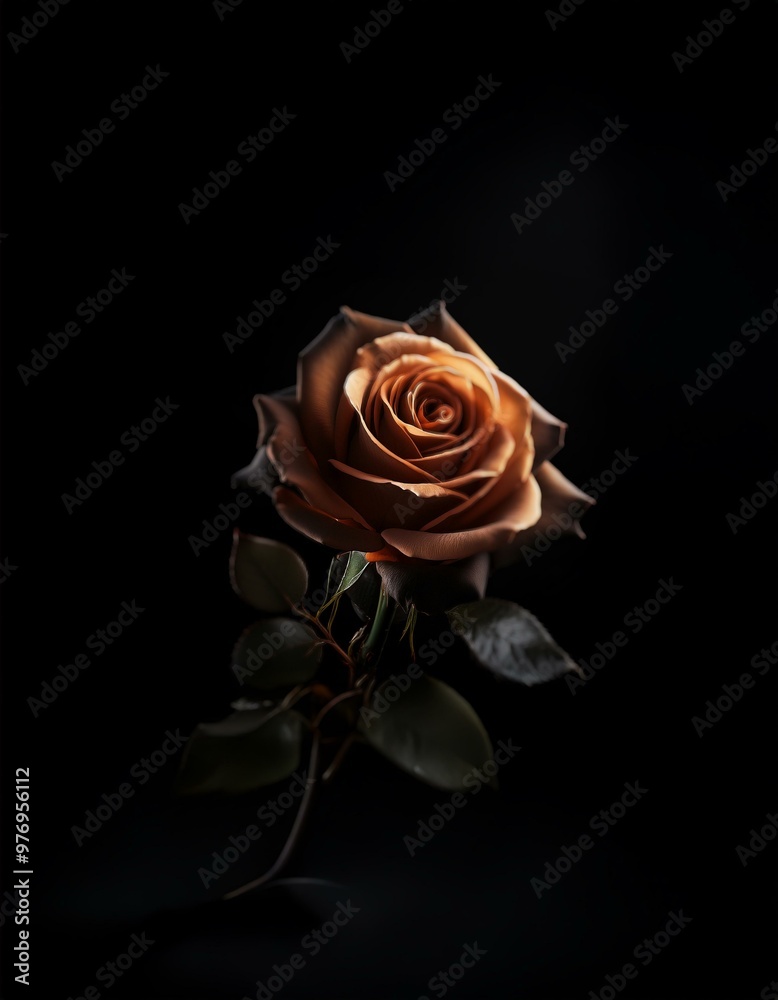 custom made wallpaper toronto digitalA single, light brown rose with green leaves stands against a dark background.