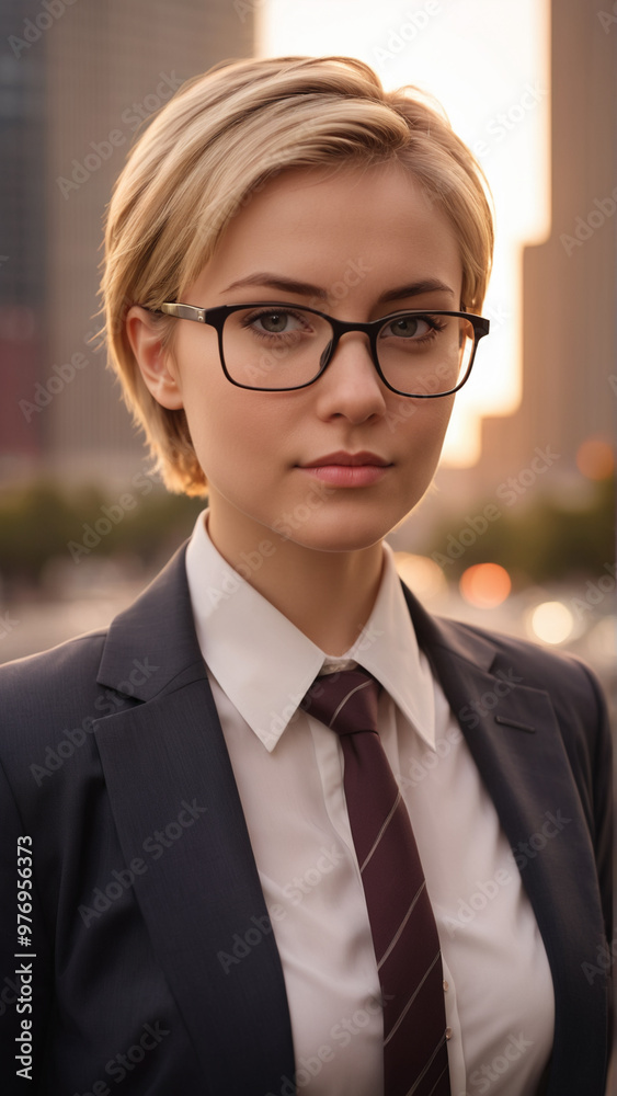 Portrait of a young woman with a short haircut in a business suit against the backdrop of a modern city. Portrait of a young woman with a short haircut in a business suit against the backdrop of a modern city.