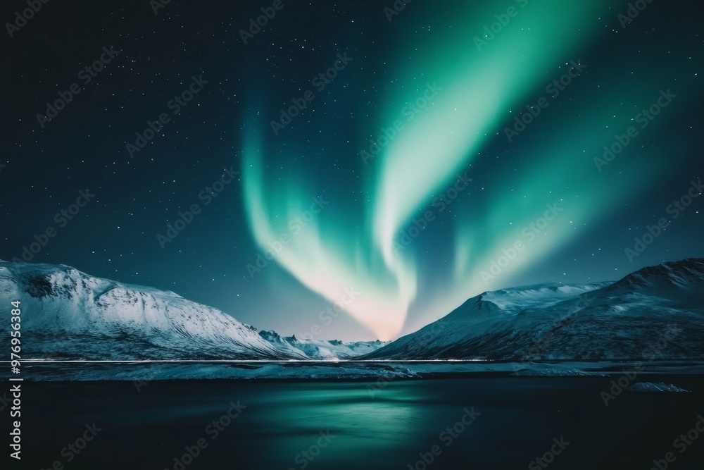 Aurora Borealis in the night sky, beautiful northern lights with green and purple colors dancing over snow-capped mountains. Aurora Borealis in the night sky, beautiful northern lights with green and purple colors dancing over snow-capped mountains.