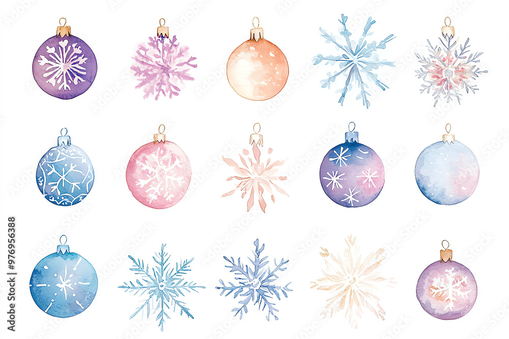 Design a watercolor graphic featuring delicate snowflakes in modern Christmas theme, using abstract ornaments in soothing pastel hues