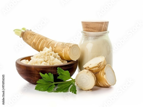 Fresh Horseradish Root on Wooden Board