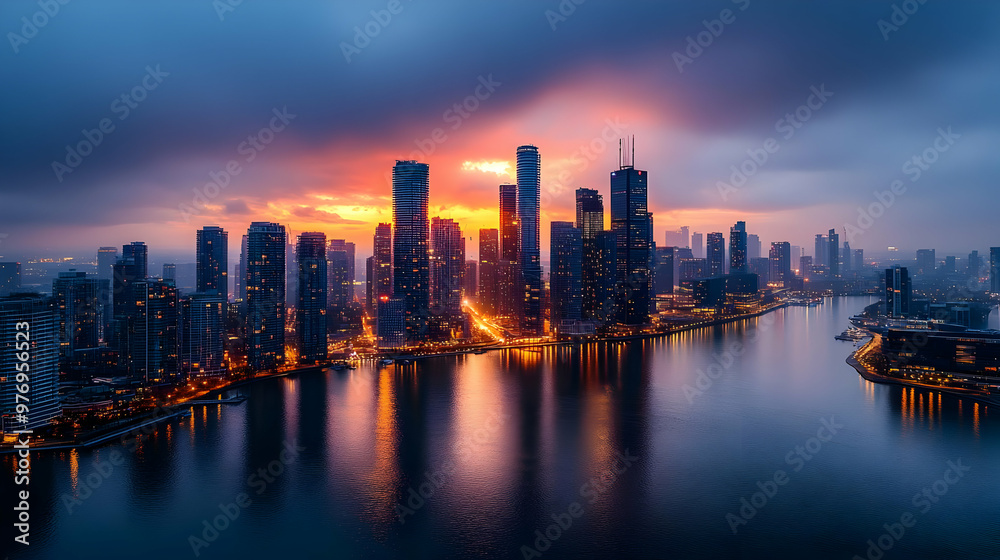 A panoramic view of a city skyline with skyscrapers reflecting in the water at sunset. A panoramic view of a city skyline with skyscrapers reflecting in the water at sunset.