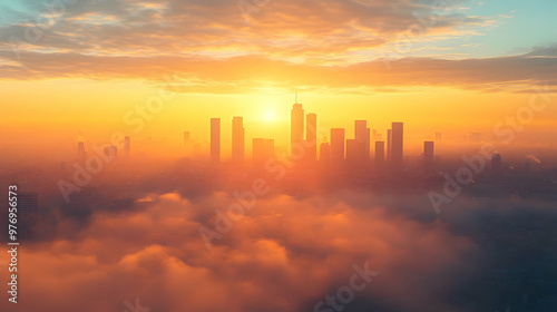 A panoramic view of a city skyline with skyscrapers silhouetted against a stunning orange sunset, with clouds obscuring the lower portion of the city.