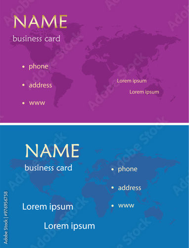 business cards with world map - vector purple and blue templates