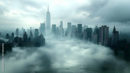 A panoramic view of a city skyline with tall buildings emerging from a sea of fog.