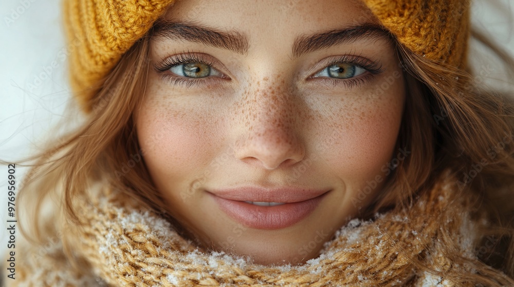 Winter Glow: A young woman with warm, inviting eyes and a touch of freckles smiles gently, her face framed by a cozy knitted hat and scarf. Her expression radiates warmth and happiness. Winter Glow: A young woman with warm, inviting eyes and a touch of freckles smiles gently, her face framed by a cozy knitted hat and scarf. Her expression radiates warmth and happiness.