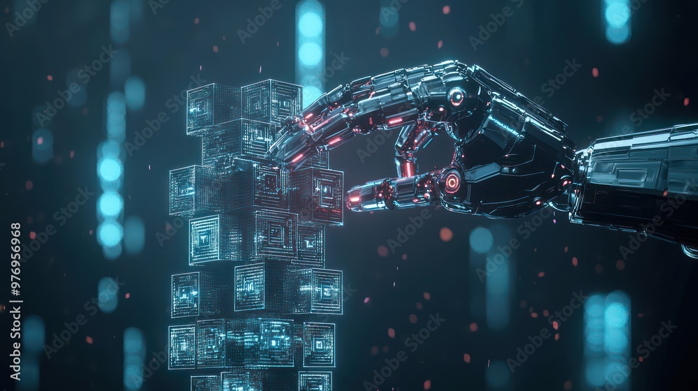 Naklejka premium Futuristic Robotic Hand Constructing Glowing Cube Tower, Sci-Fi Innovation Concept, Generative AI