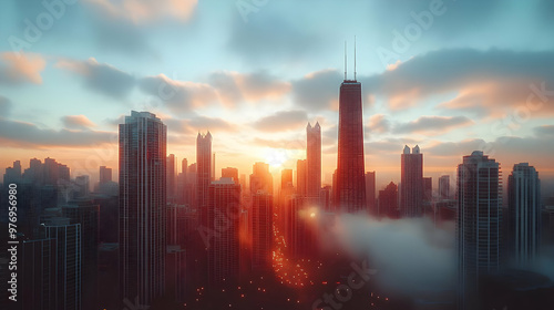 A panoramic view of a city skyline with the sun setting behind the buildings and clouds in the sky.