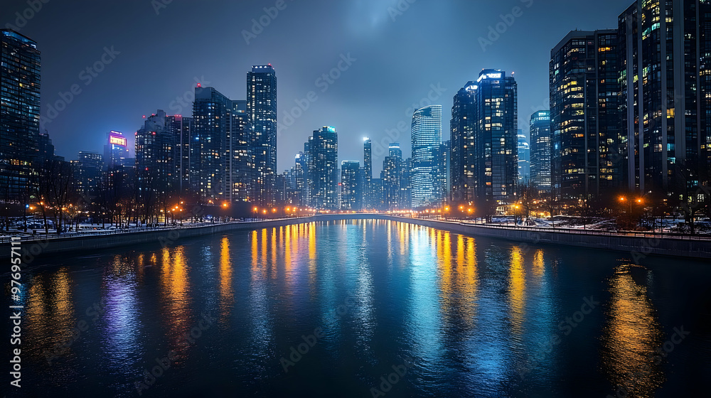 Fototapeta premium A panoramic view of a cityscape at night with a river reflecting the city lights.