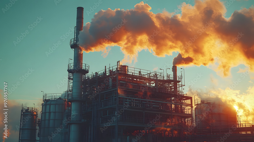 A dramatic sunset view of an industrial complex emitting smoke, highlighting the contrast of nature and industry. A dramatic sunset view of an industrial complex emitting smoke, highlighting the contrast of nature and industry.