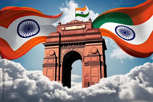 Vibrant Artwork of India Gate Enveloped by Majestic Indian Flag Clouds Celebrating Cultural Heritage and Festivities photo