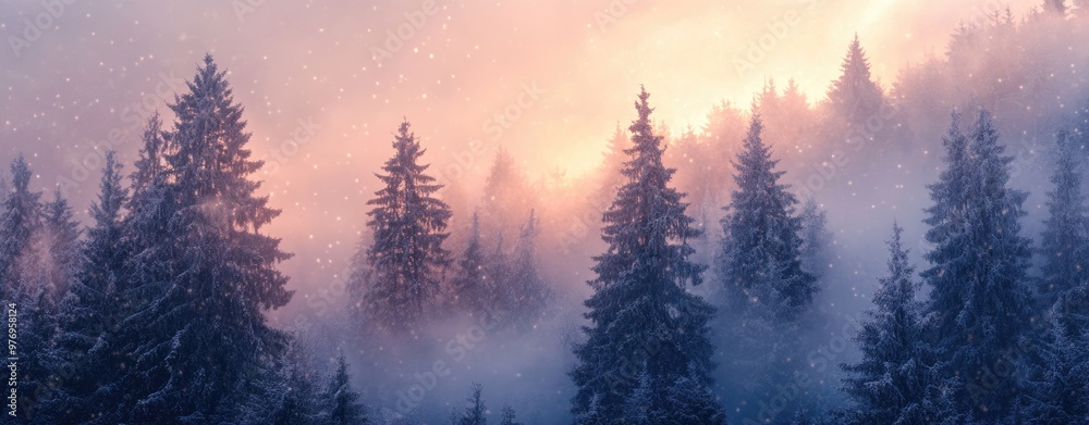 Winter Landscape of a Beautiful Spruce Forest in Snow, Fog, and Sunset for Computer or Phone Screen Design Winter Landscape of a Beautiful Spruce Forest in Snow, Fog, and Sunset for Computer or Phone Screen Design