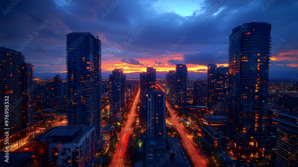 Fototapeta premium A panoramic view of a modern city skyline at dusk, with skyscrapers illuminated against a vibrant, colorful sky.